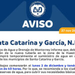 Anuncian cortes en el suministro de agua en Santa Catarina y García